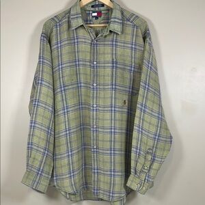 Vintage TOMMY HILFIGER Green Blue Plaid Linen Shirt Men’s XL Button Down‎ Casual